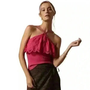 Anthropologie Ruffled Halter Medium Pink Embroidered Crochet Tank Blouse Size S